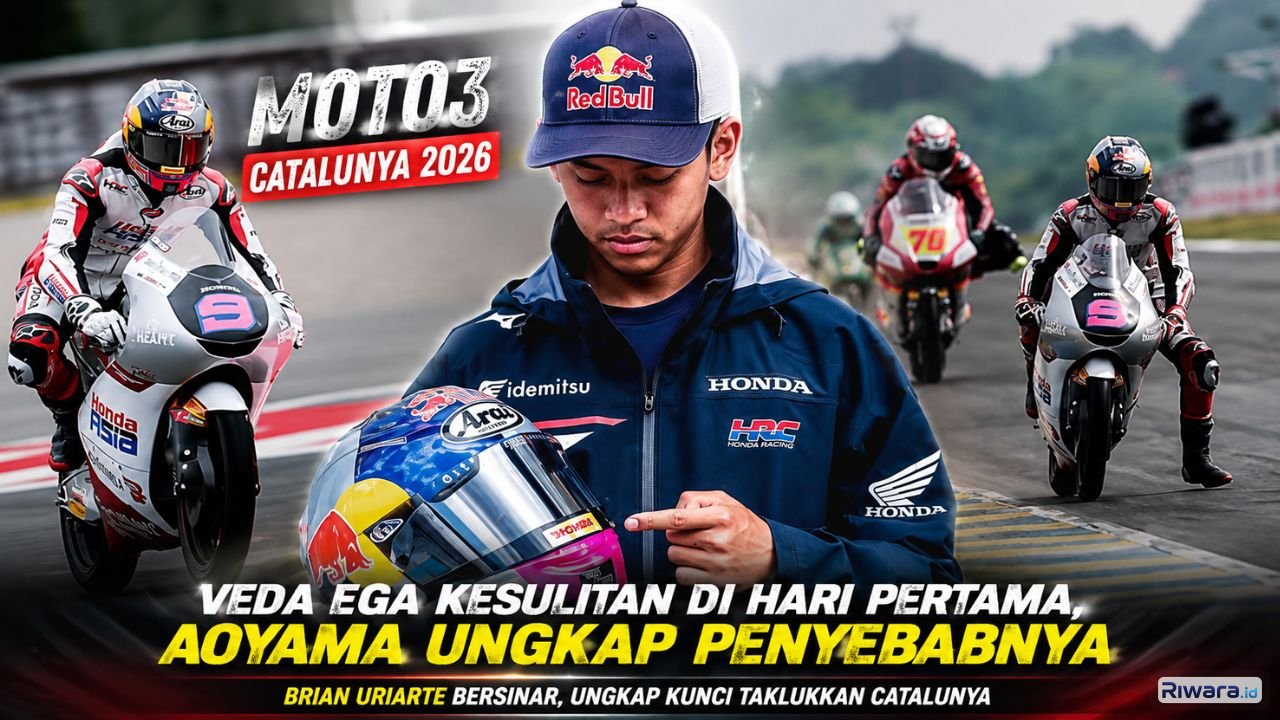 Veda Ega Pratama menjalani hari pertama Moto3 Catalunya 2026 dengan hasil kurang maksimal usai finis di posisi ke-19 practice sementara Brian Uriarte tampil impresif bersama Red Bull KTM Ajo
